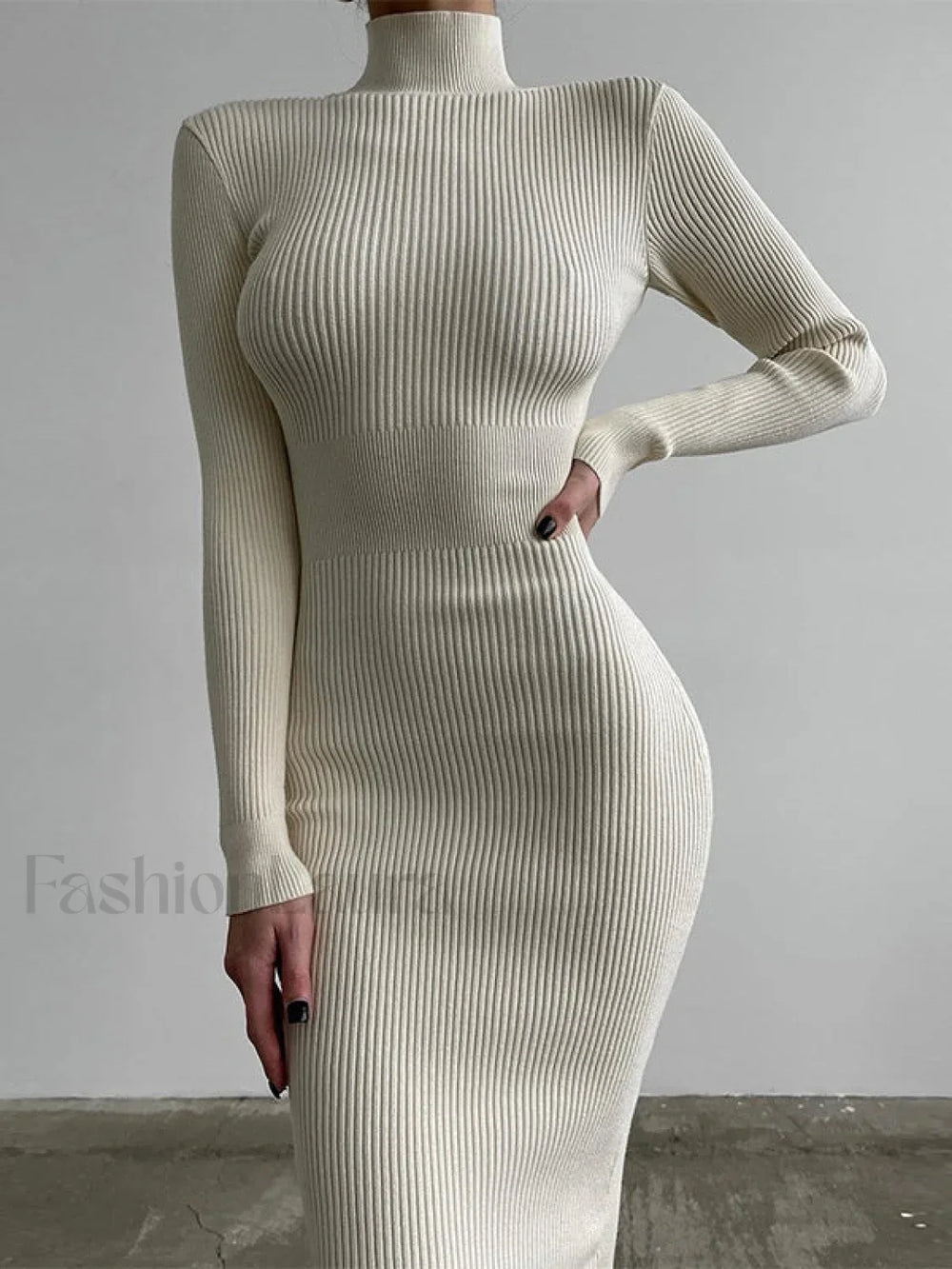 High Neck Ribbed Knit Long Sleeve Maxi Dress White / S Maxi Dresses