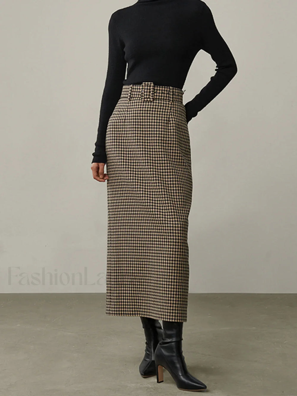 High Waist Graceful Houndstooth Midi Skirt Khaki / XS Skirts