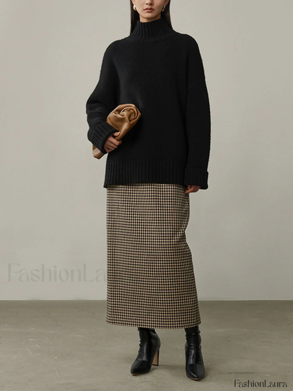 High Waist Graceful Houndstooth Midi Skirt Skirts