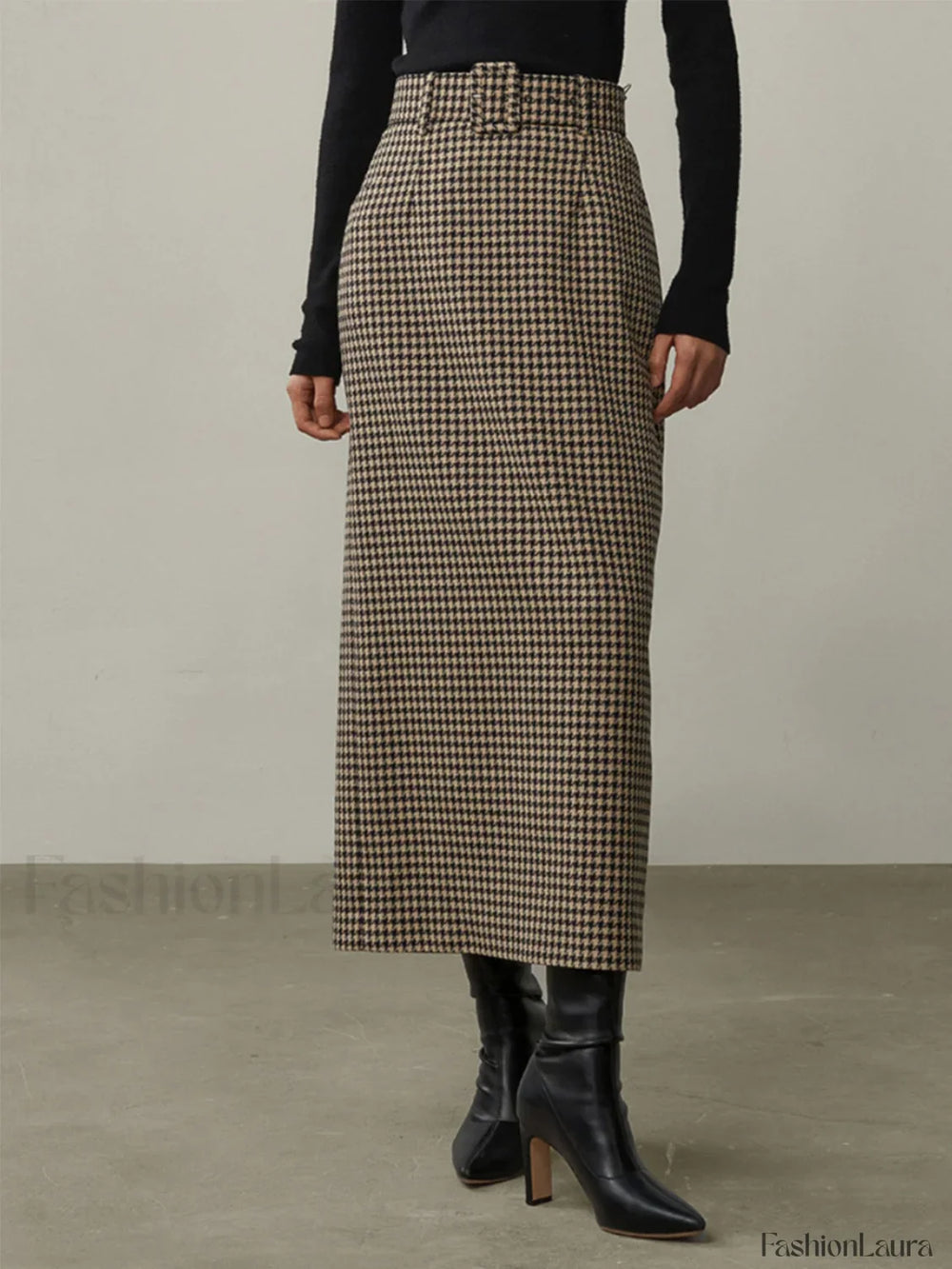 High Waist Graceful Houndstooth Midi Skirt Skirts