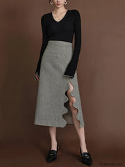 High waist Tweed Wavy Trendy Split Midi Skirt Skirts