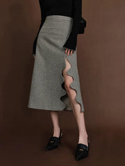 High waist Tweed Wavy Trendy Split Midi Skirt Skirts
