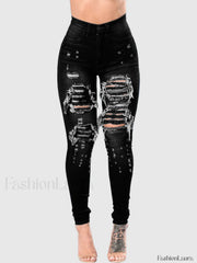 High Waisted Skinny Ripped Jeans Black / M Jeans