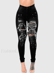 High Waisted Skinny Ripped Jeans Black / M Jeans