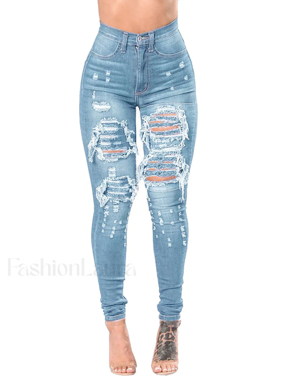 High Waisted Skinny Ripped Jeans Light Blue / M Jeans