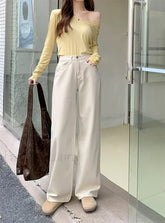 High Waisted Vintage Spring All match Casual Denim Jeans Apricot / S