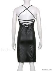 Hirigin PU Leather Black Party Halter Backless Bandage Club Slit Midi Dress