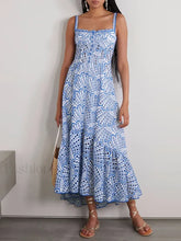 Hollow Out Square Collar Floral Dress Blue / S