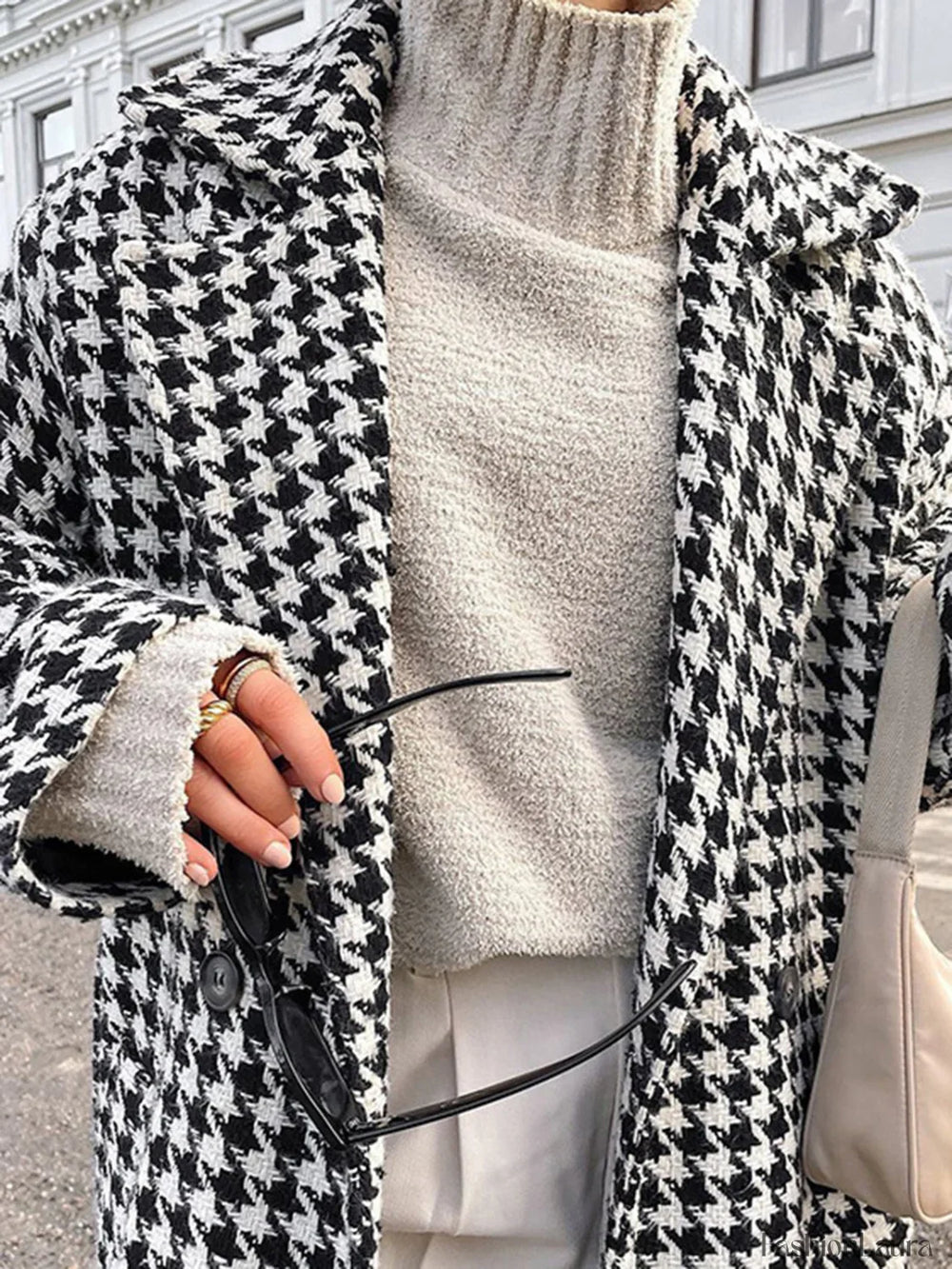 Houndstooth Tweed Graceful Trench Coat Wool Coats