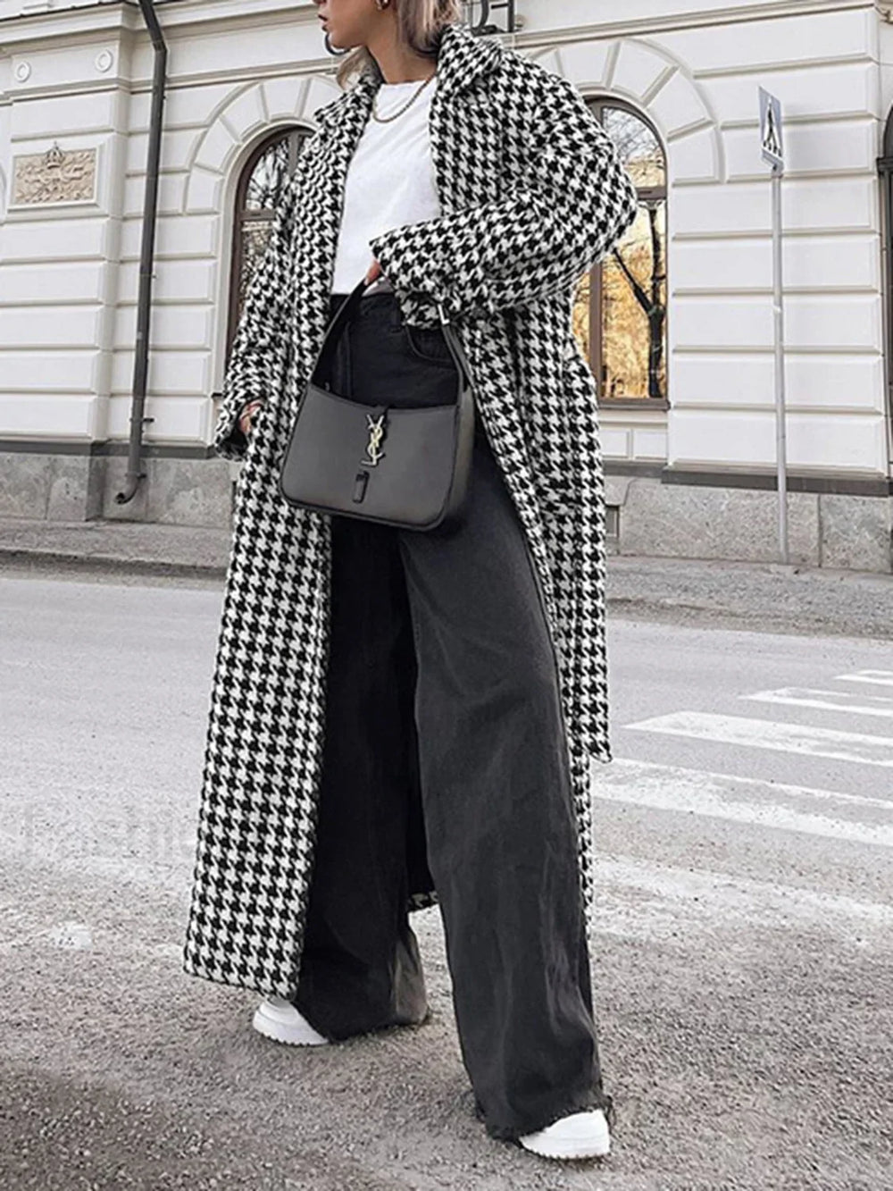 Houndstooth Tweed Graceful Trench Coat Wool Coats