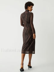 Illusion Tulle Print Mock Modern Neck Mesh Midi Dress Brown / XL Dresses