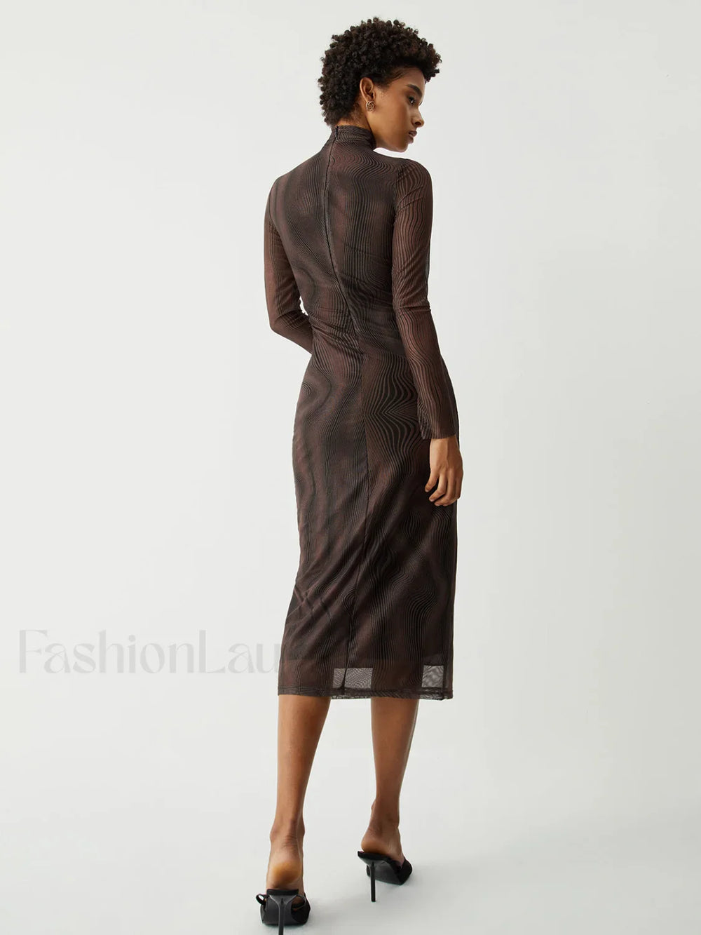 Illusion Tulle Print Mock Modern Neck Mesh Midi Dress Brown / XL Dresses