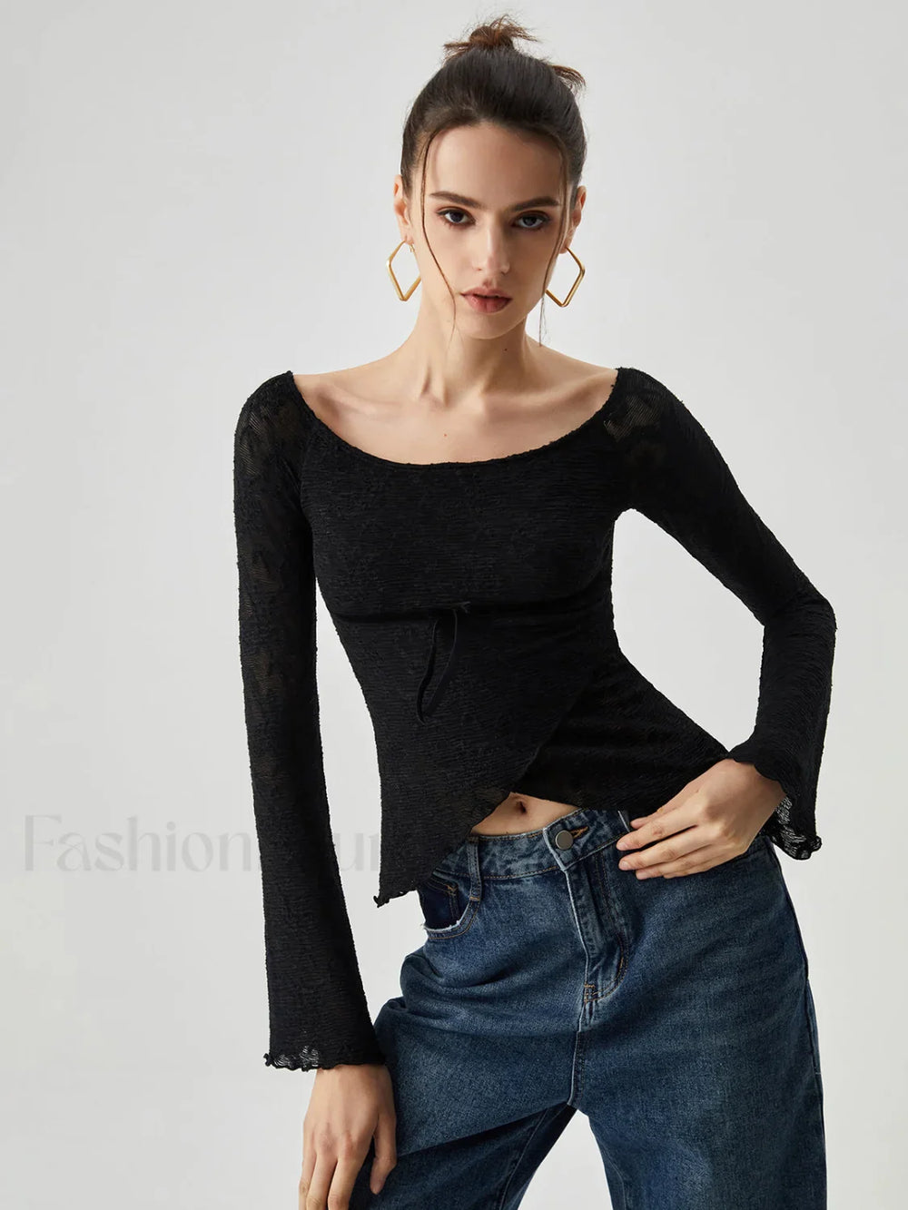 Jacquard Lace Semi sheer Trendy Bowknot Crossover Blouse Black / XS Blouses