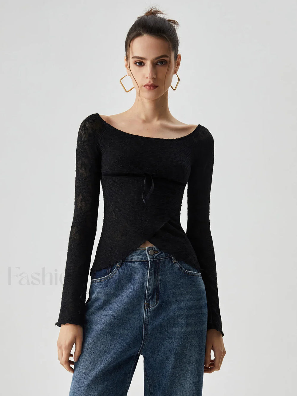 Jacquard Lace Semi sheer Trendy Bowknot Crossover Blouse Blouses