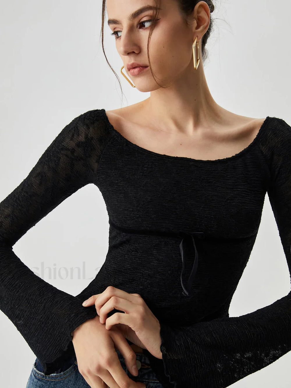 Jacquard Lace Semi sheer Trendy Bowknot Crossover Blouse Blouses