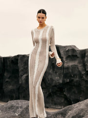 Jacquard Striped Graceful Crochet Long Dress Sweaters L