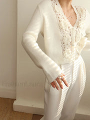 Knit Floral Crocheted Trendy Hollow V neck Cardigan Sweaters L