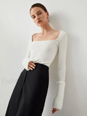 Knit Patchwork Fuzzy Cuff Modern Square Neck Long Sleeve Top White / S Sweaters L