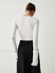 Knit Patchwork Fuzzy Cuff Modern Square Neck Long Sleeve Top Sweaters L