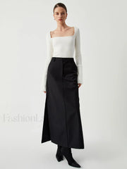 Knit Patchwork Fuzzy Cuff Modern Square Neck Long Sleeve Top Sweaters L