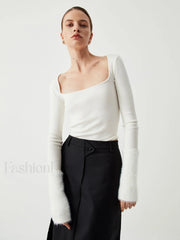 Knit Patchwork Fuzzy Cuff Modern Square Neck Long Sleeve Top Sweaters L