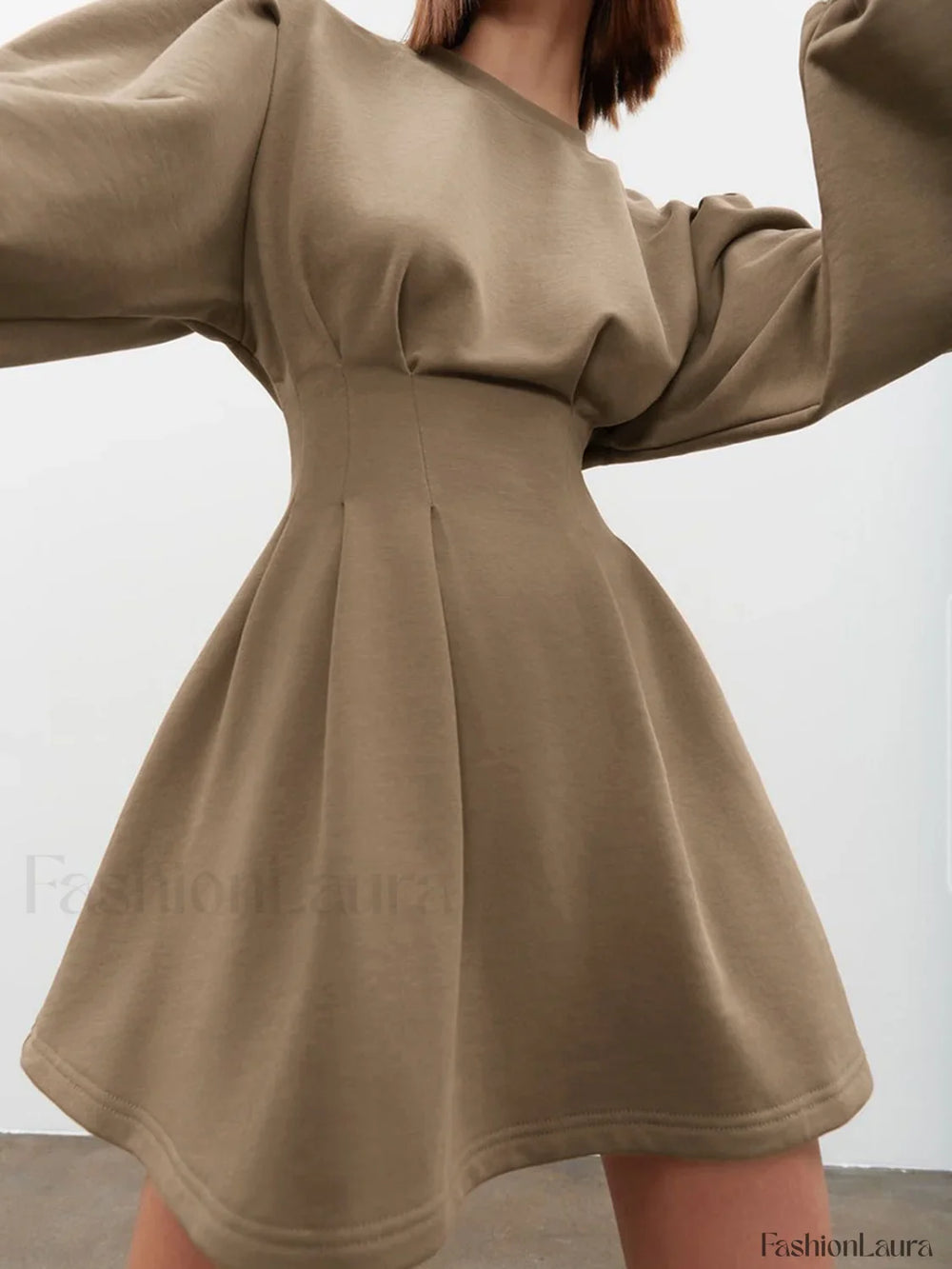 Knit Pleated Long Sleeve Modern Crew Neck Mini Dress Knit Dresses