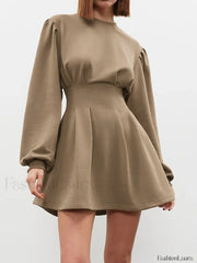 Knit Pleated Long Sleeve Modern Crew Neck Mini Dress Knit Dresses