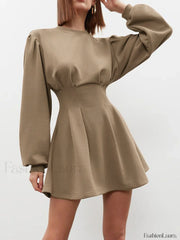 Knit Pleated Long Sleeve Modern Crew Neck Mini Dress Knit Dresses