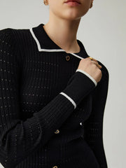 Knit Ruffled Hem Long Modern Sleeve Collar Mini Sweater Dress Sweaters L