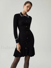 Knit Ruffled Hem Long Modern Sleeve Collar Mini Sweater Dress Black / XS Sweaters L
