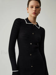 Knit Ruffled Hem Long Modern Sleeve Collar Mini Sweater Dress Sweaters L