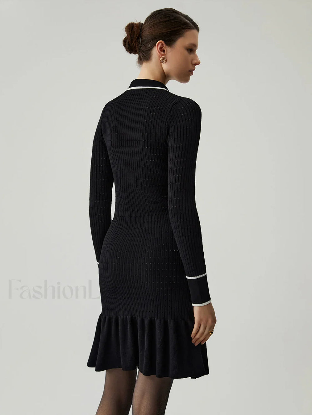 Knit Ruffled Hem Long Modern Sleeve Collar Mini Sweater Dress Sweaters L