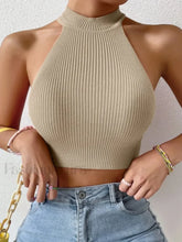 Knit Sleeveless Ribbed Halter Crop Top Khaki / One Size