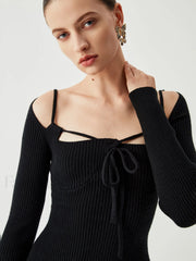 Knit Tied Cutout Long Modern Sleeve Short Sweater Dress Sweaters L