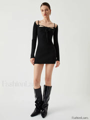 Knit Tied Cutout Long Modern Sleeve Short Sweater Dress Sweaters L