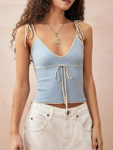 Knitted Contrast Tie Up Crop Top Blue / S