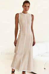 Knitted Sleeveless Round Neck A Line Slip Dress Apricot White / S
