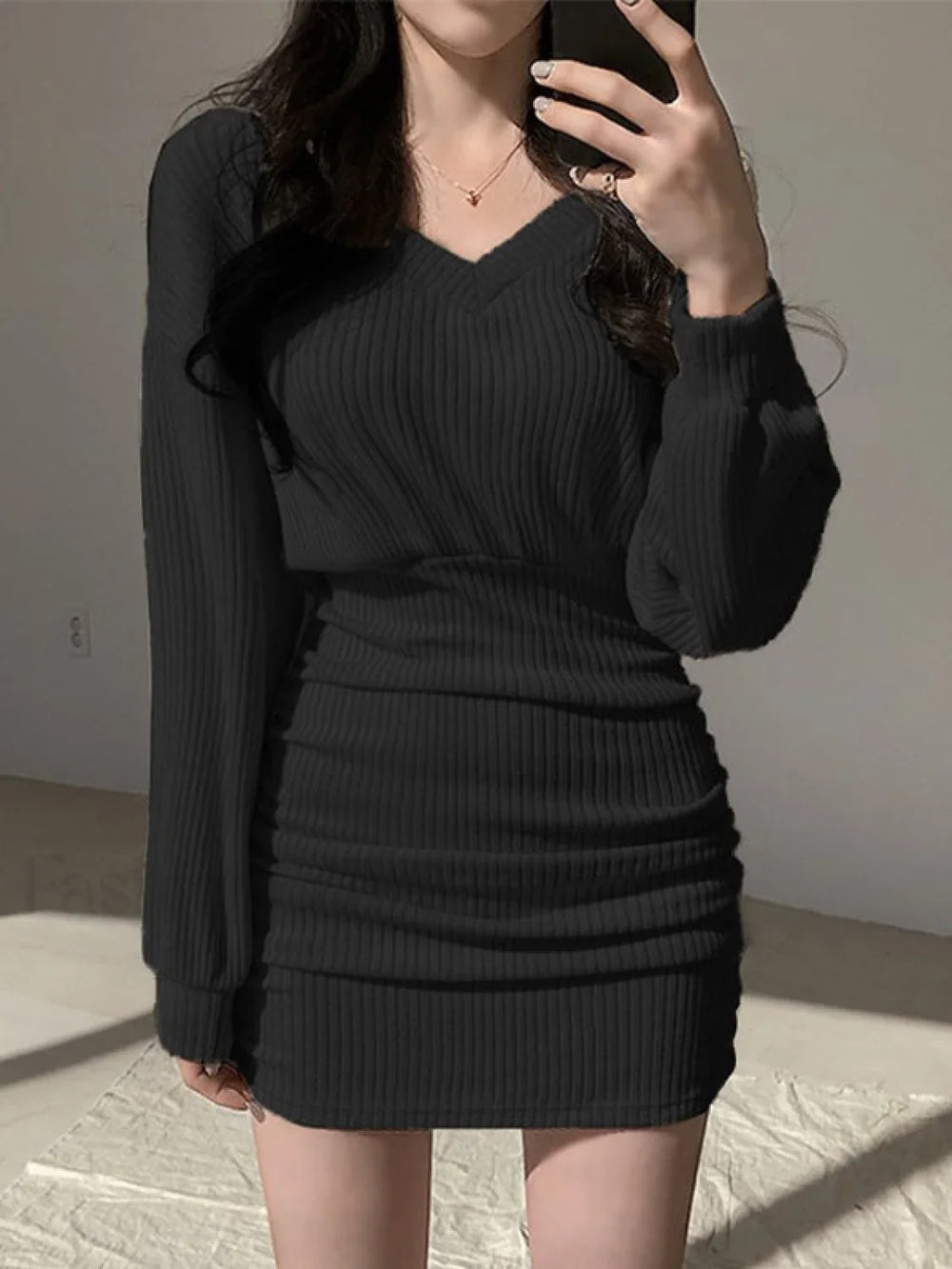 Knitted V Neck Long Sleeve Mini Dress Mini Dresses