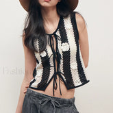 Knitted Waistcoat Autumn Stripes Bow Lace Up Crop Top Black / S
