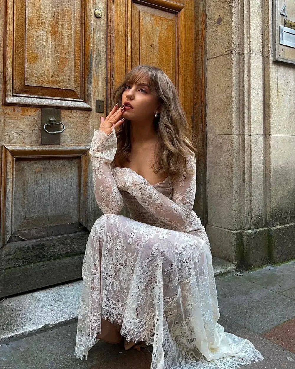 Lace Hollow Cape Maxi Dress