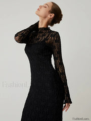 Lace Long Sleeve Trendy Mock Neck Maxi Dress Dresses