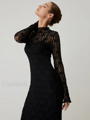 Lace Long Sleeve Trendy Mock Neck Maxi Dress Dresses