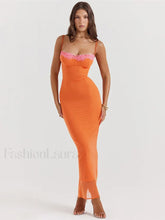 Lace Patchwork Strapless Maxi Dress Orange / S