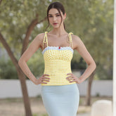 Lace Plaid Fitted Crop Top Yellow / S