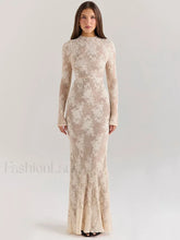 Lace Print Long Sleeve Maxi Dress WHITE / S