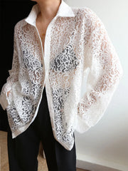 Lace Semi sheer Graceful Collared Shirt White / XS Shirts