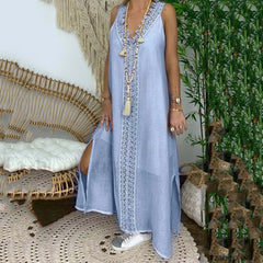 Lace Splice Sleeveless Boho Dress Blue / M