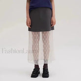 Lace Spliced Pleated Zipper Skirt BLACK / S