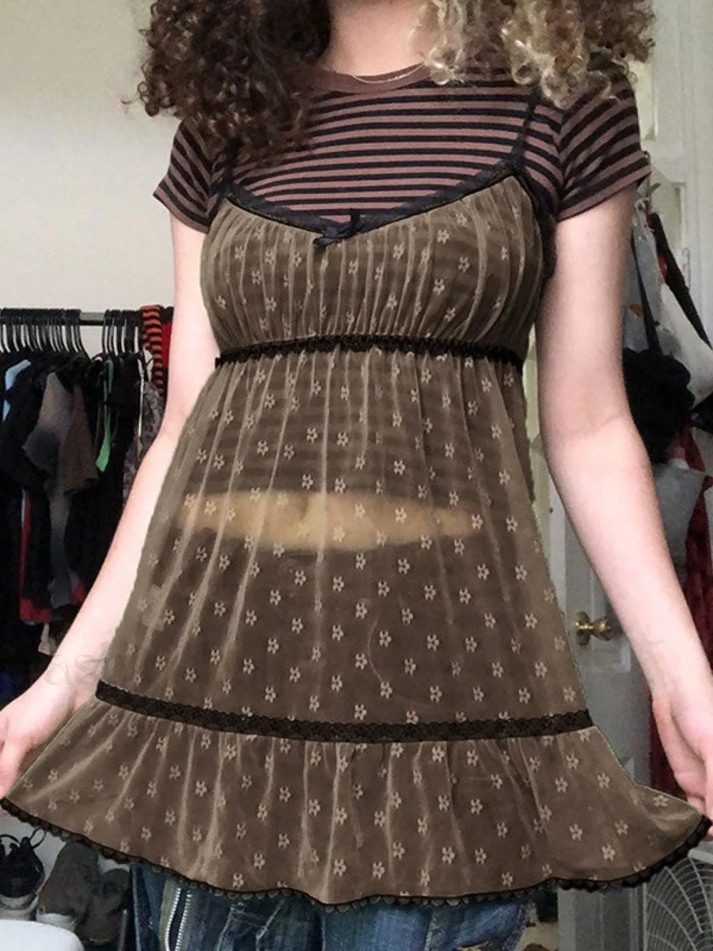 Lace Trim Floral Mini Dress Brown / S Mini Dresses