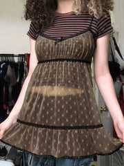 Lace Trim Floral Mini Dress Brown / S Mini Dresses